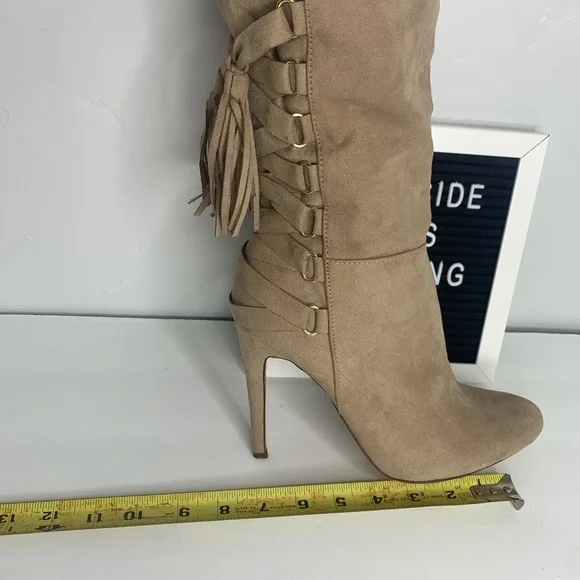 ShoeDazzle Tan Faux Suede Thigh High Stiletto Boots Tassel Lace Up 7.5 - Picture 11 of 11